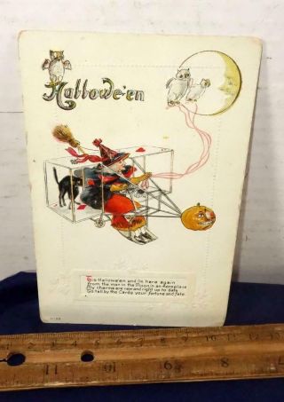 Halloween Embossed Postcard Pumpkin Witch Black Cat Man In Moon Airplan