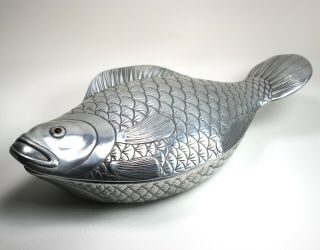 Arthur Court Design 1981 Cast Aluminum Fish Covered Dish - Red Eye