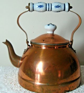 Vintage Benjamin & Medwin Copper Teapot Ceramic Blue White Handle & Knob Taiwan