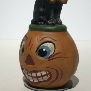 UNUSUAL VINTAGE GERMAN HALLOWEEN CAT WITH JACK O’LANTERN CANDY CONTAINER 2