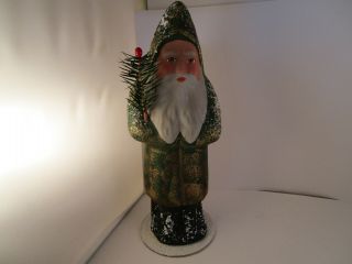 Vintage 10 " Ino Schaller Papier Mache Santa Claus In Green Christmas Figure