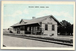 Ogden Ia Railway Depot Train Station Vintage Railroad Rr Iowa Postcard C8