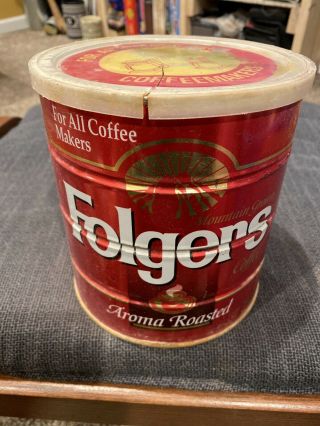 Vintage Folgers Coffee Can Tin Red Aroma Roasted 39 Oz Big Lebowski.  Broken Lid