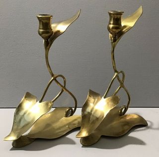 Vintage Art Nouveau Solid Brass Candle Holders 2 Dolby Cashier 1980 Leaves Vines
