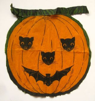 Antique 1920s Vintage Halloween Jol Black Cat Bat Crepe Paper Apron Dennison