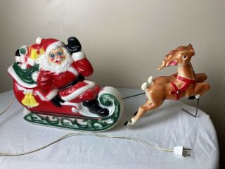 Vtg Empire Plastic 1970 Christmas Santa Claus Reindeer Sleigh Light Up Blow Mold