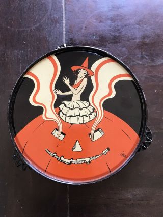 Vintage Halloween Women Scary Pumpkin Tin Litho Tambourine Noisemaker Tc Usa
