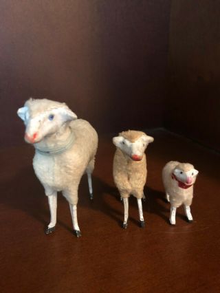 3 Antique Vintage German Wooden Stick Leg Wooly Sheep Putz Nativity