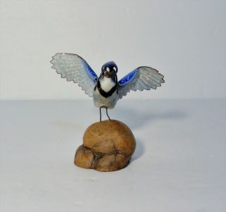 Brumm Enamel On Copper 2 1/2 " Miniature Flying Blue Jay Bird Sculpture