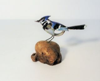 Brumm Enamel On Copper 2 " Miniature Blue Jay Bird Sculpture