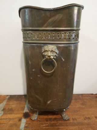Vintage Brass Trash Can Waste Basket Planter Container Lion Feet Footed Nc