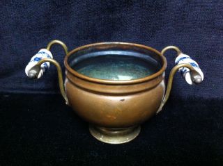 Vintage Antique Copper Pot With Brass Foot Ceramic Blue And White Handles Delft