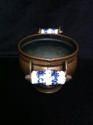 Vintage Antique COPPER POT with Brass Foot Ceramic Blue and White Handles Delft 2