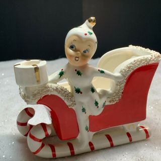 Vintage Holt Howard 1959 Christmas Pixie W/candy Cane Sleigh Candle Holder