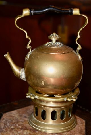 Older Vintage Brass & Copper Tea Pot On Holder Base