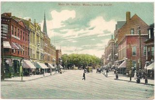 Postcard Ma Main Street Horse Wagon Drug Store Steeple Natick Massachusetts 1908