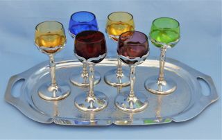 Vintage Farber Bros Krome / Cambridge Glass 6 Multicolor Goblets And Metal Tray