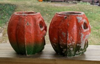 Two Antique Halloween Pulp Paper Mache Pumpkins Jack O Lanterns 2