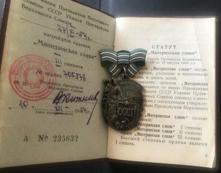 Russian Soviet Ussr Silver Order Maternal Glory 3 Class - 705 378 W/ Doc