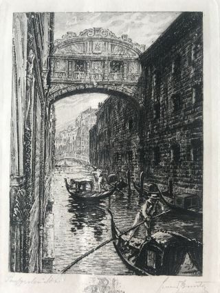 1919 Illegibly Signed Etching Of Venice Bridge Of Sighs & Gondoliers