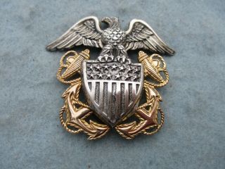 Wwii Us Navy Officer Insignia Visor Hat Badge Gold Sterling Frame Cap Ww2