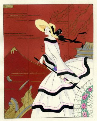 1930s French Pochoir Print Edouard Halouze Art Deco European Fashion In Japan
