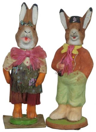 2 German Folk Art Paper Mache Easter Bunny Rabbit Candy Container 7 "