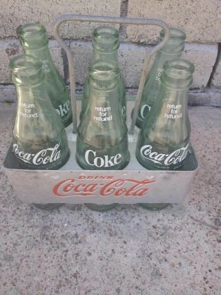 Set Of 6 Old Coca Cola Coke Soda Water Bottles In Metal Carrier