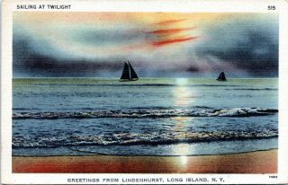 1945 Greetings From Lindenhurst Long Island Ny Nautical Sailboat Postcard Gj