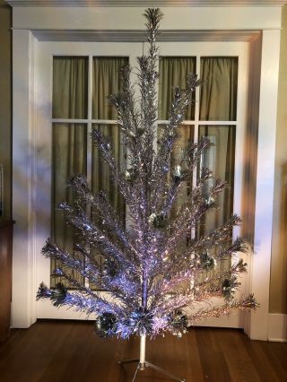 Vintage Aluminum Christmas Tree 6 Ft Pom Pom Royal Pine Complete W/ Color Wheel
