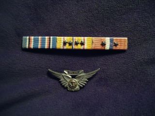 Vintage Wwii Amico Sterling Us Navy Combat Air Crew Wing Pin & Ribbons Bar - Nr
