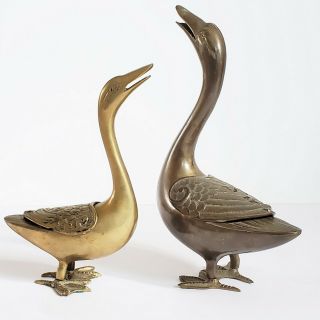 2 Vintage Brass Goose Or Duck Trinket Box Incense Burner Potpourri Candle Holder