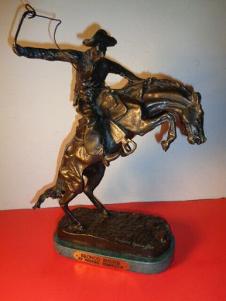 Frederic Remington Bronze Sculpture " Bronco Buster " Statue With Marble Base (13 "
