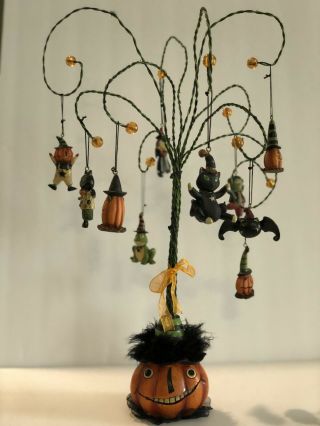 Halloween Witch Pumpkin Ornament Tree With Ornaments Bats Cat & Frog