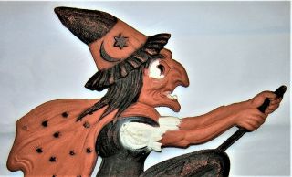 VINTAGE 1920 ' s Germany HALLOWEEN Embossed FLYING WITCH Die - Cut Party Decoration 2