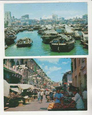 Six Postcards - Singapore - River,  Chinatown,  Raffles Hotel,  Beach Town Hall Etc