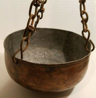 Antique Hand Forged Hammered Copper Pot Hearth Tripod Chain Suspended