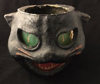1940’s - 1950’s Vintage Antique Black Cat Head Pulp Paper Mache Lantern 2