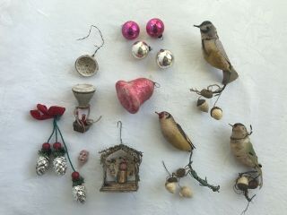 Antique German Spun Cotton Wire Wrapped Birds Bell Angel Feather Tree Ornaments