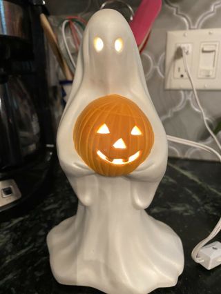 Vintage Rare Ceramic Light Up Ghost W/pumpkin Halloween Decor Lighted Spooky