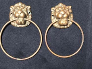 Antique Pair 2 Solid Brass Lion Head Towel Ring Holders Bath Bar Architectural