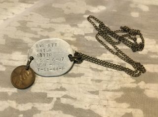 Vintage Ww - Ii Us Navy Reserve Dog Tag Military Id.  W/attached 1944 Penny