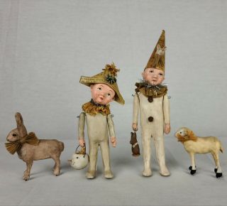 Folk Art Paper Mache Halloween Characters Hand Painted Jack - O - Lantern Rabbit Etc