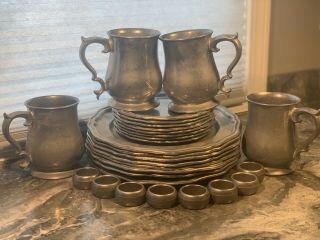 Pewter 25 Piece Set Of 4 Cups,  16 Plates,  8 Rings,  Crown - Castle Ltd Usa