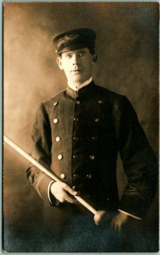 1910s Rppc Studio Real Photo Postcard Man In Band Uniform W/ Large Baton C1910s