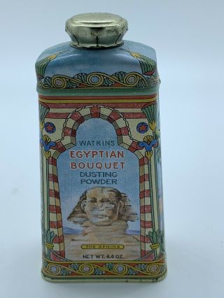 Watkins Egyptian Bouquet Sphinx Talcum Dusting Powder Tin Litho Bottle,  Vintage