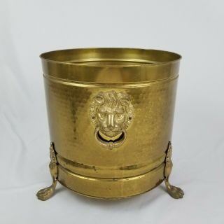 Vintage Hammered Brass Floor Planter Pot With Lion Feet And Lion Head Handles