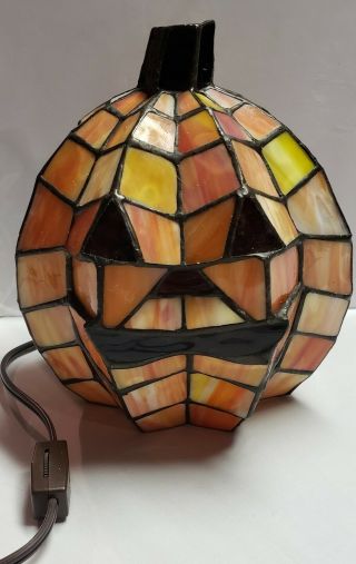 Stained Glass Tiffany Style Jack O Lantern Halloween Lighted Pumpkin Lamp Leaded