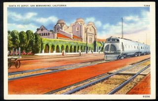 San Bernardino Santa Fe Depot Train Railroad Linen Postcard Southern California