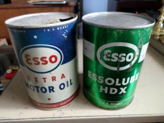 2 Vintage Esso 1 Quart Motor Oil Extra & Essolube Hdx Can All Metal Tin